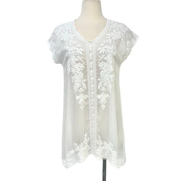 Johnny Was Embroidered Tunic Top Sheer White Blouse XS Oversized